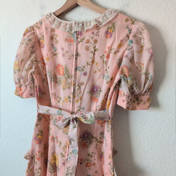 Vintage 50s-60s Empire Waist Dress Lace Pockets Floral Pink Hyper Feminine Girly - Picture 8 of 13